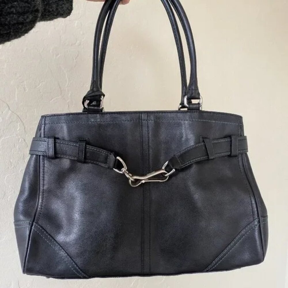 Coach Black Leather Satchel Handbag with Silver Accents